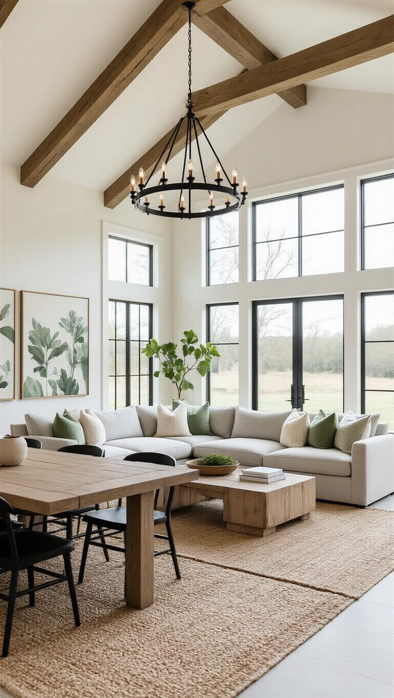 Bright and airy modern farmhouse great room with vaulted ceilings, exposed beams, large sectional, reclaimed wood dining table, and floor-to-ceiling windows.