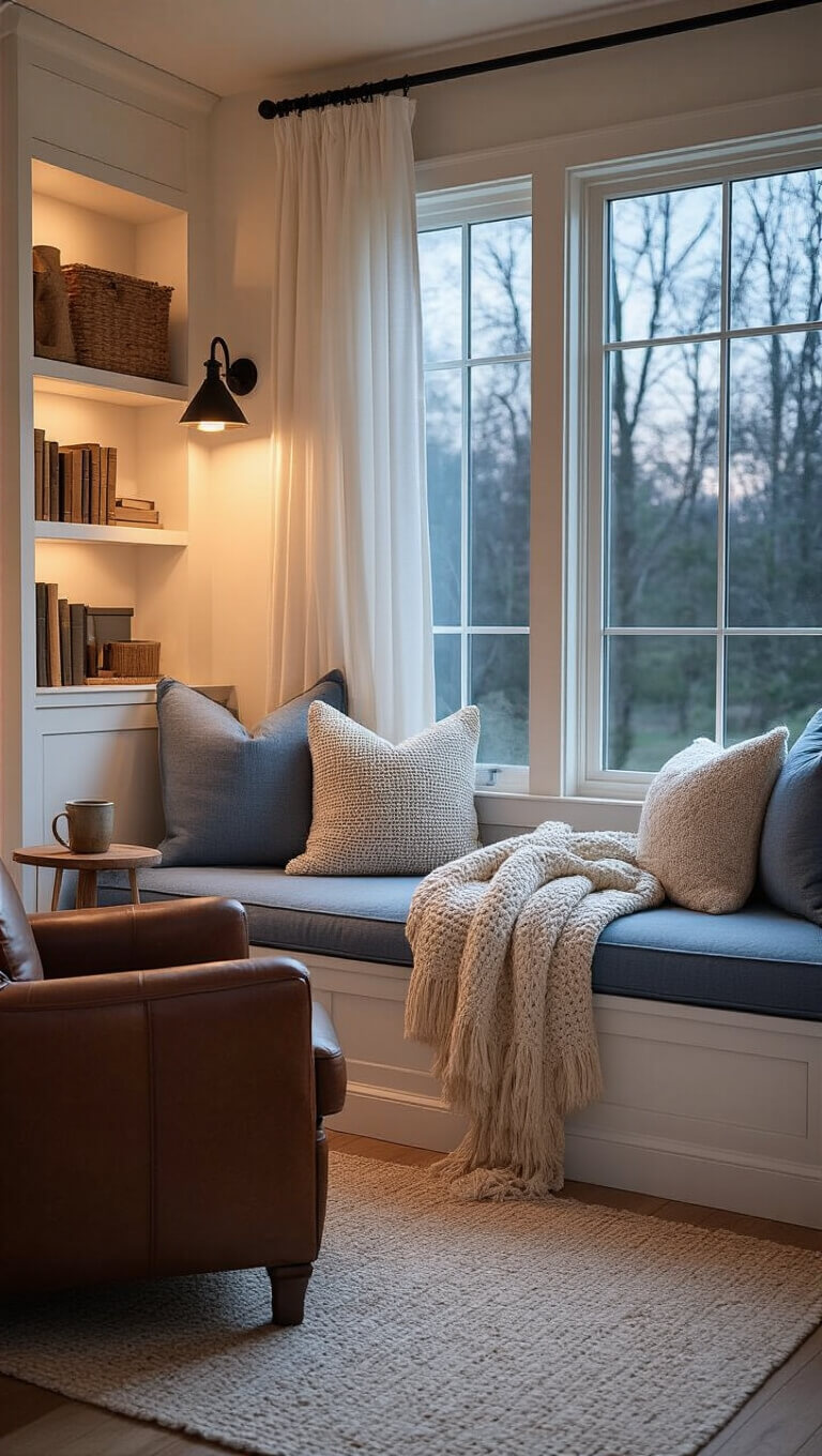 Cozy modern farmhouse reading nook with a deep window seat, soft lighting, knit pillows, and warm textures at dusk.