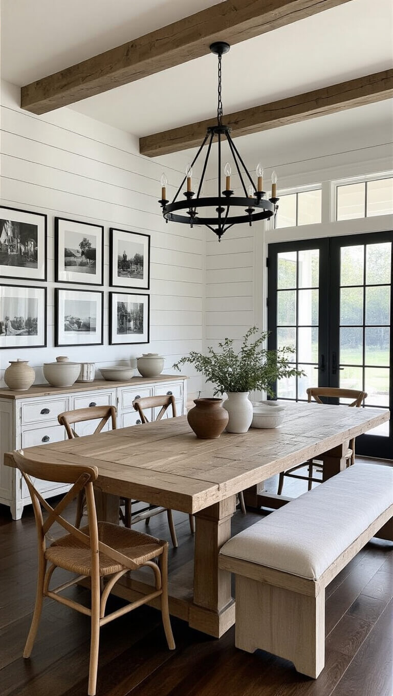 Modern farmhouse dining room with reclaimed wood table, mixed seating, black metal chandelier, white shiplap walls, dark floors, vintage sideboard, gallery wall, and French doors to patio.