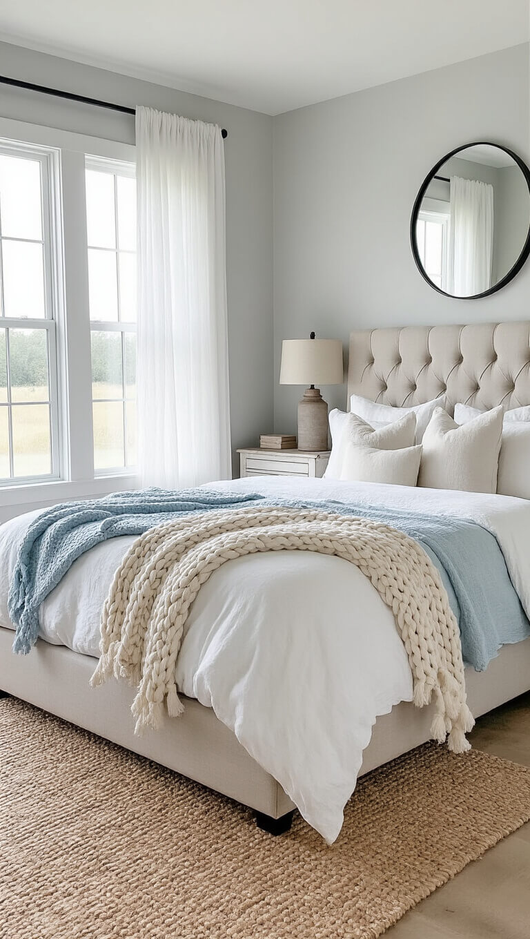 Modern farmhouse bedroom at dawn with king-size bed, tufted oatmeal headboard, white bedding, pale blue throw, weathered wood nightstands, ceramic lamps, distressed white dresser, round black-framed mirror, jute rug on light oak floor, and soft light through white curtains.