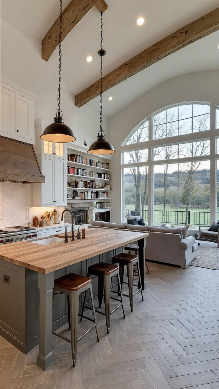 Wide-angle view of a modern farmhouse kitchen-living area with a large island, gray sectional, stone fireplace, and arched window overlooking the countryside.
