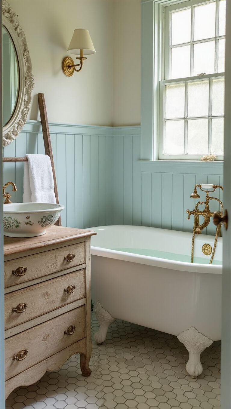 Vintage-style bathroom with clawfoot tub, pale blue wainscoting, oak vanity, brass fixtures, ornate mirror, and floral hex tile floor lit by morning light.