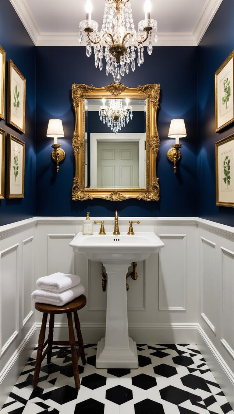Overhead view of a vintage-style powder room with navy walls, crystal chandelier, black and white checkerboard floor, baroque mirror, brass sconces, and botanical prints.