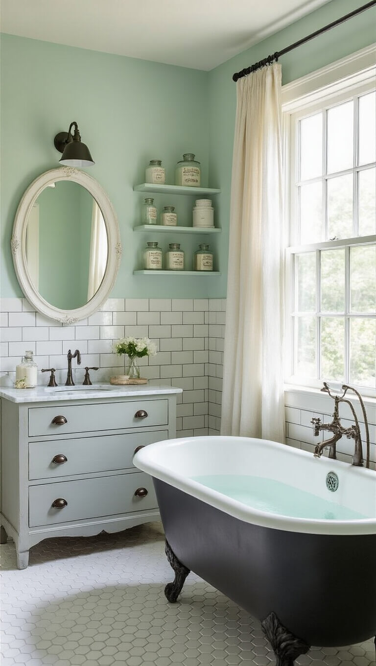 Bright mint and white guest bathroom with clawfoot tub, farmhouse vanity, open shelves, and sunlight streaming through linen curtains.