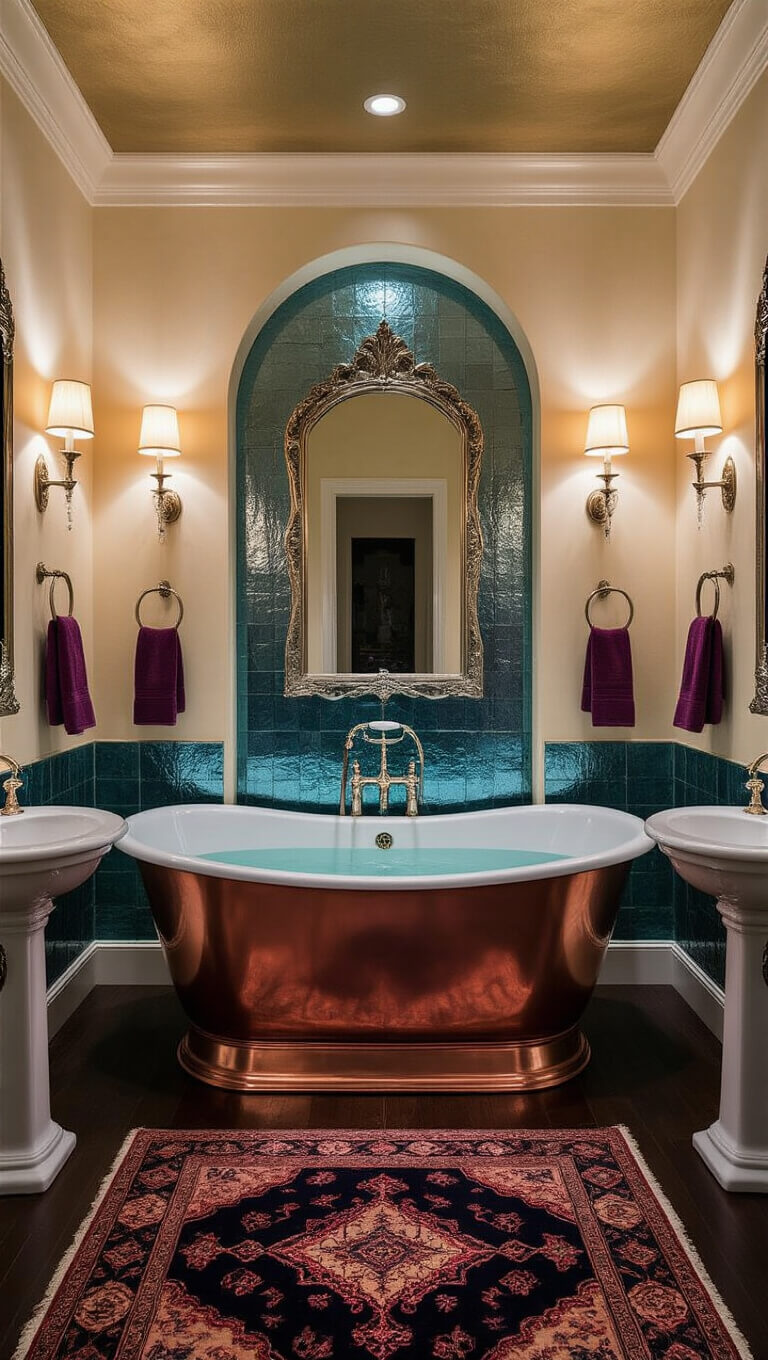 Luxurious master bathroom with copper bathtub, twin pedestal sinks, and warm amber lighting, featuring rich decor and old-world glamour.