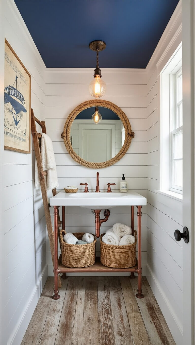 Cozy coastal powder room with white shiplap walls, navy ceiling, Edison bulb pendant, wall-mounted sink with copper pipes, rope-framed round mirror, ladder shelf with woven baskets, nautical prints, porthole window, and weathered wood flooring.