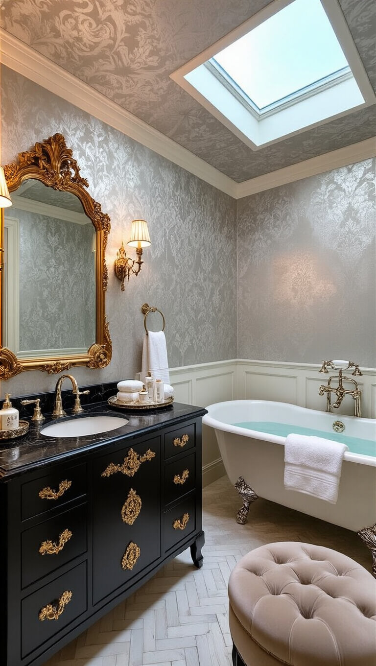 Luxurious guest bathroom with silvery damask walls, black marble vanity with gold hardware, clawfoot tub on herringbone tile, antique mirror, crystal chandelier, and Art Deco accents.