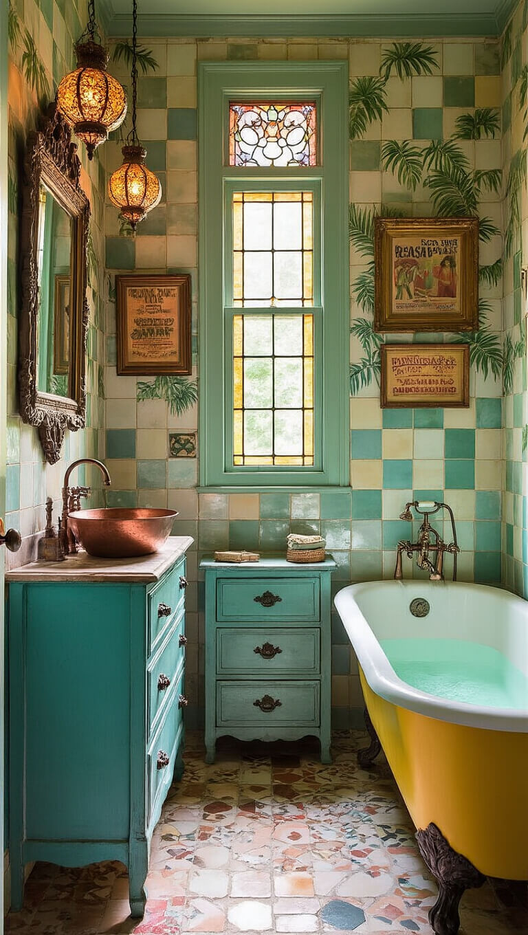 Eclectic narrow bathroom with pastel vintage tiles, turquoise dresser vanity, copper sink, yellow clawfoot tub, palm leaf wallpaper, Venetian mirror, vintage ads in mismatched frames, and Moroccan lanterns casting shadows.
