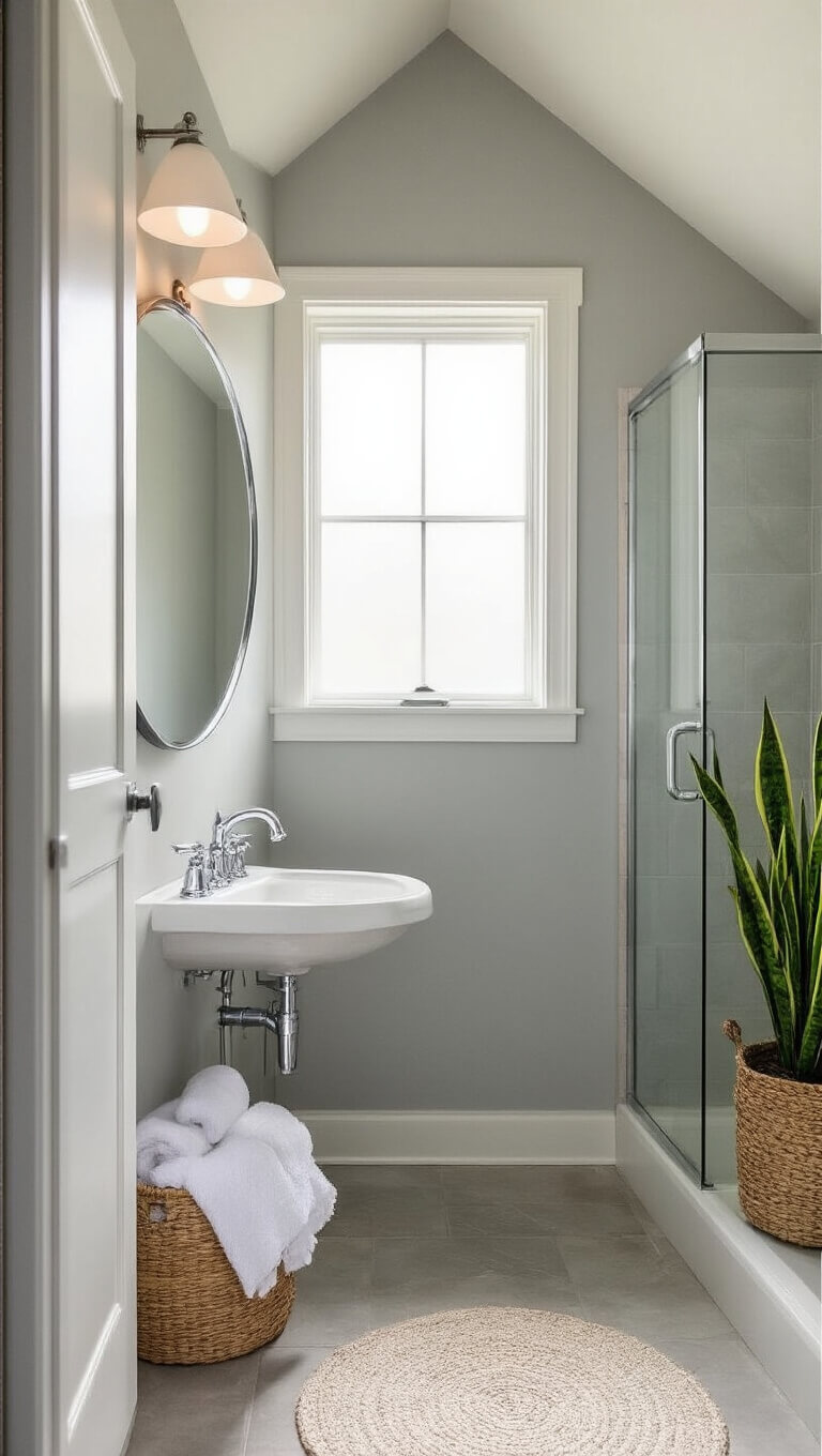 Compact dove gray bathroom with vaulted ceiling, pedestal sink, LED-lit mirror, glass shower, seagrass basket of white towels, and a potted snake plant in soft morning light.