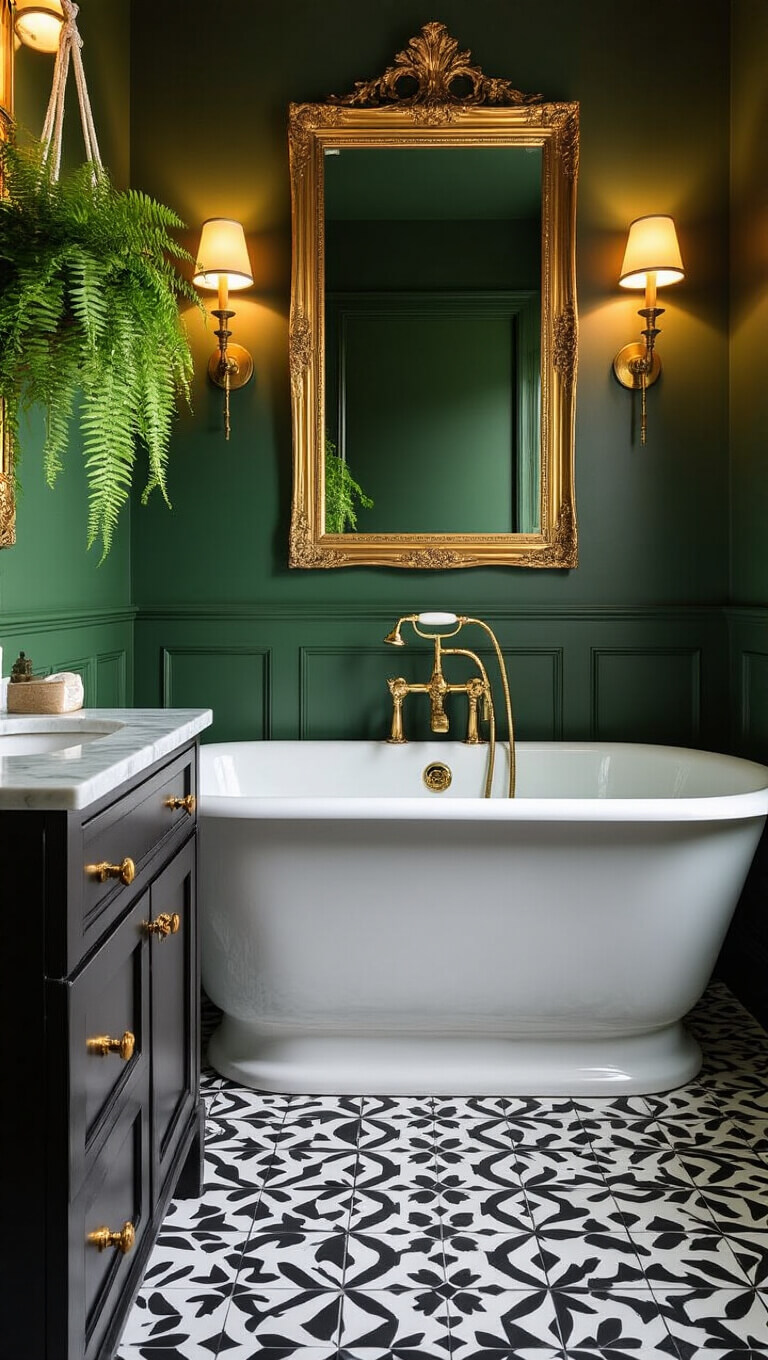 Dramatic small bathroom with forest green walls, clawfoot tub, brass sconces, gold mirror, dark wood vanity, black and white geometric floor tile, and hanging fern in moody evening lighting.
