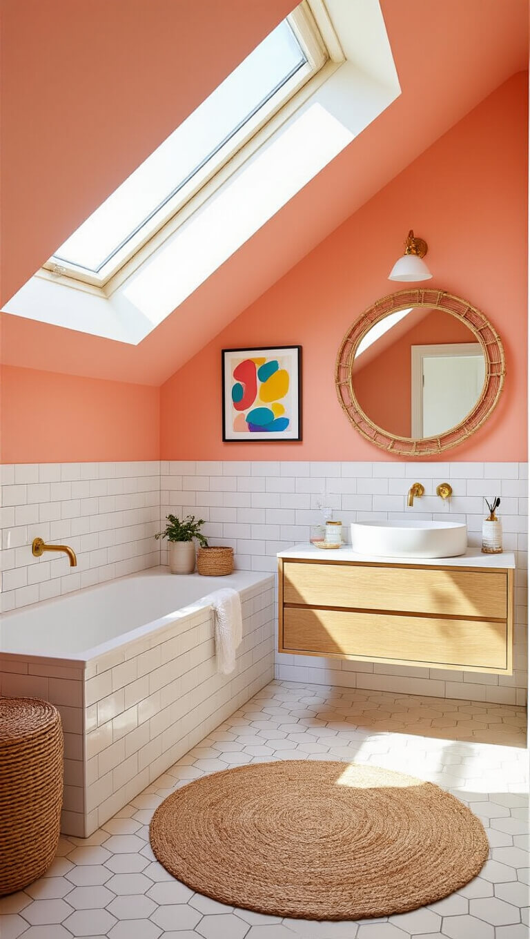 High-angle view of a vibrant 7x5 ft bathroom with peach accent wall, white subway tiles, floating light wood vanity, brass fixtures, rattan-framed mirror, and colorful decor in bright midday sunlight.