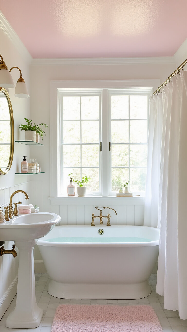 Cozy 6x6 bathroom with pastel Rock Candy ceiling, white walls, clawfoot tub, pedestal sink, brass-framed mirror, and soft afternoon light.
