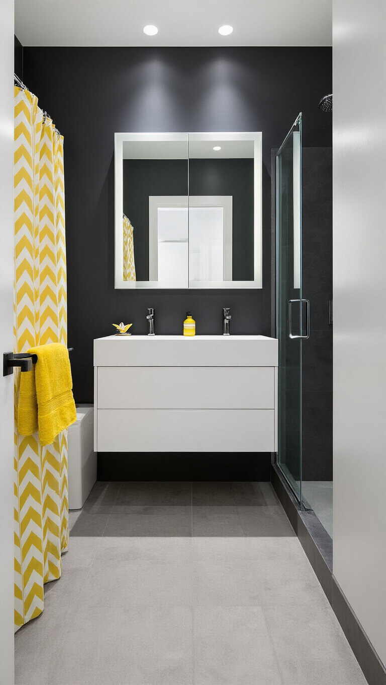 Modern 5x8 bathroom with matte black statement wall, floating white double vanity, frameless mirror, glass walk-in shower, gray tile, LED lighting, yellow towels, and geometric shower curtain.
