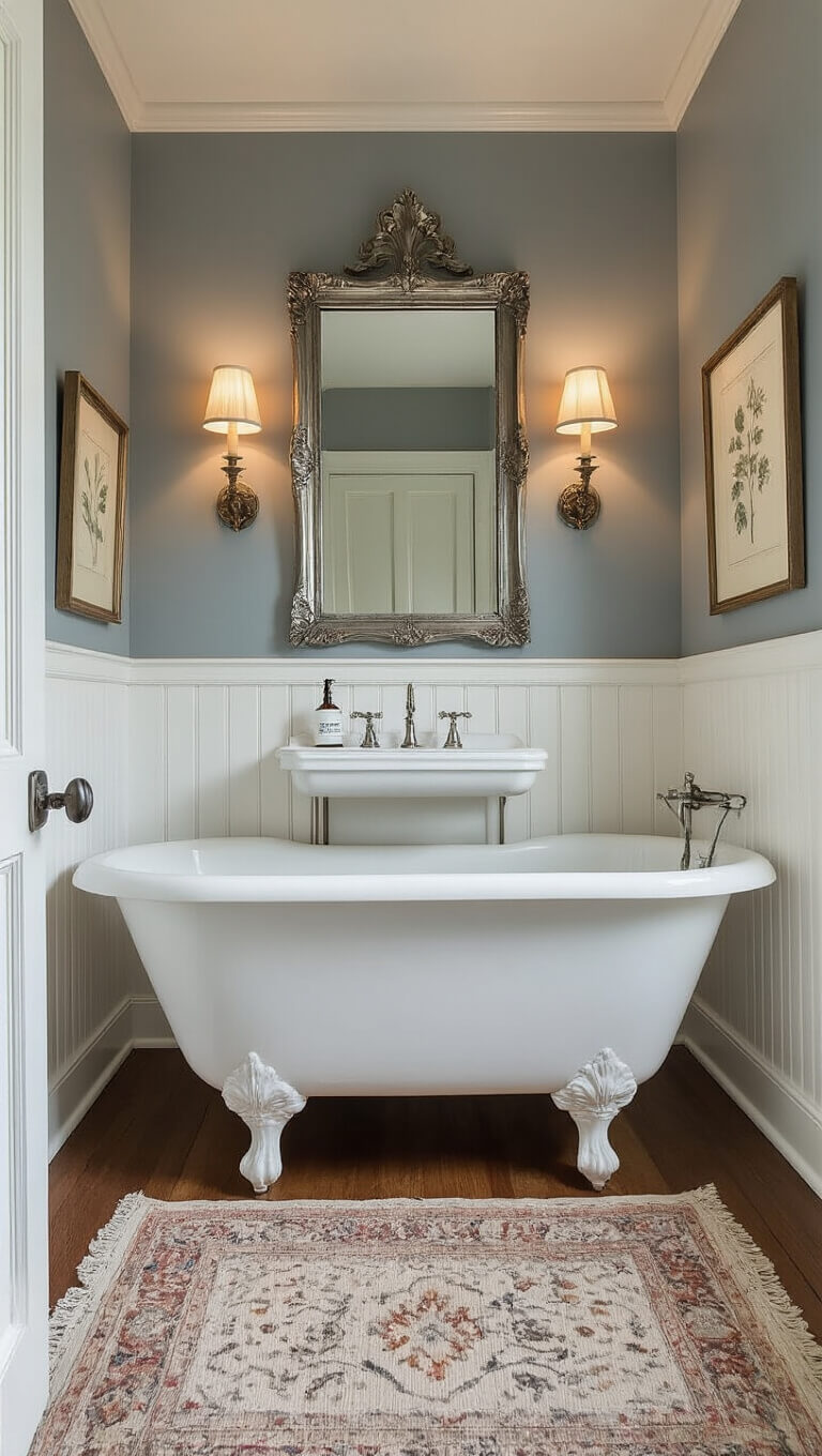 Cozy vintage-style bathroom with Boothbay Gray walls, clawfoot tub, console sink, ornate silver mirror, antique sconces, white beadboard, and botanical prints.