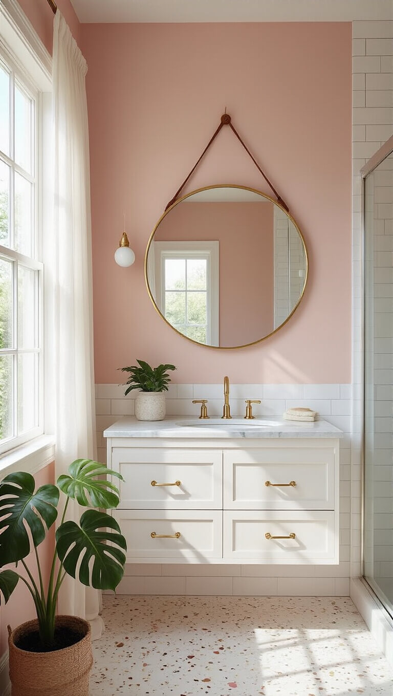 Blush pink bathroom with white floating vanity, gold accents, circular mirror, walk-in glass shower, terrazzo floors, and morning light through sheer-curtained window.