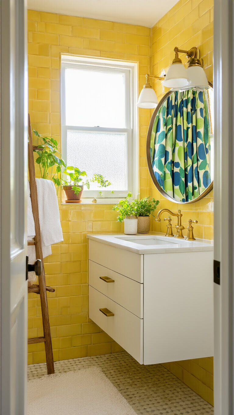 Sunlit small bathroom with vintage yellow tiles, white vanity with brass accents, round mirror, modern sconces, bold blue-green shower curtain, wooden ladder shelf with white towels, and potted plants.