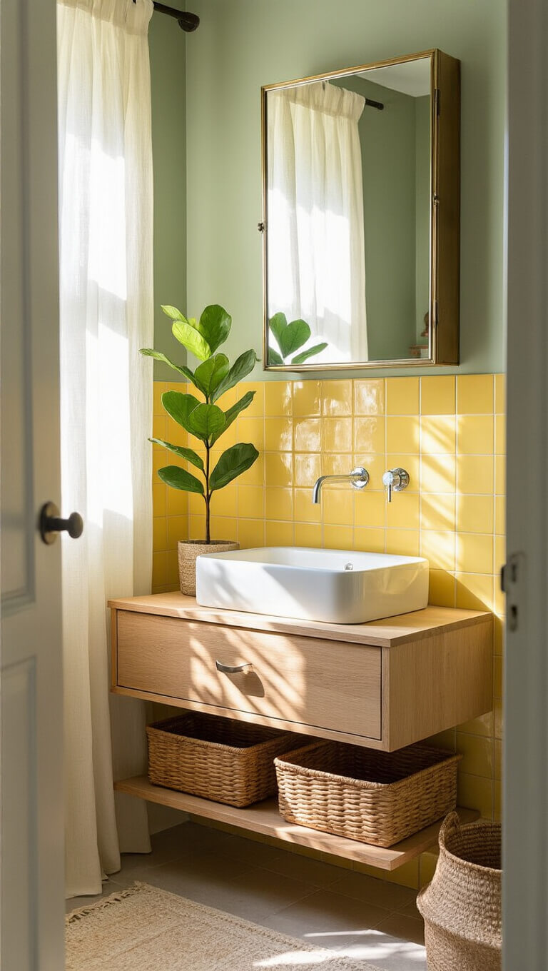Cozy bathroom corner with yellow tiles, sage green walls, floating wooden vanity, vintage mirror, fiddle leaf fig, and dappled sunlight filtering through sheer curtains.