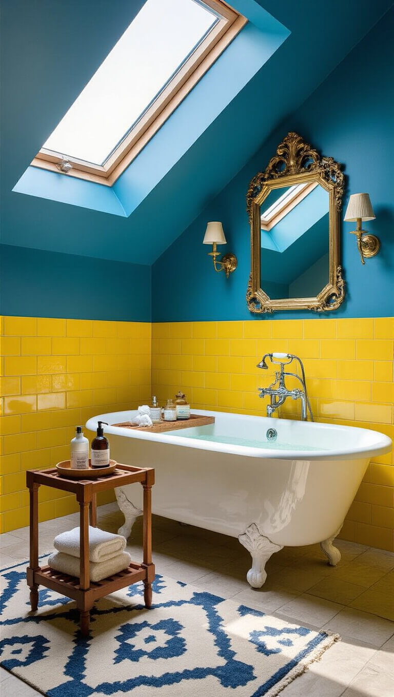 Bright, airy bathroom with yellow tiles, blue walls, white clawfoot tub, skylight lighting, geometric rug, and vintage brass accents.