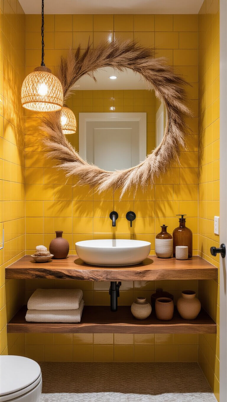 Low-angle detail shot of a cozy powder room with yellow tiles, a live-edge wood vanity, vessel sink, pampas grass-framed mirror, and ambient pendant lighting.