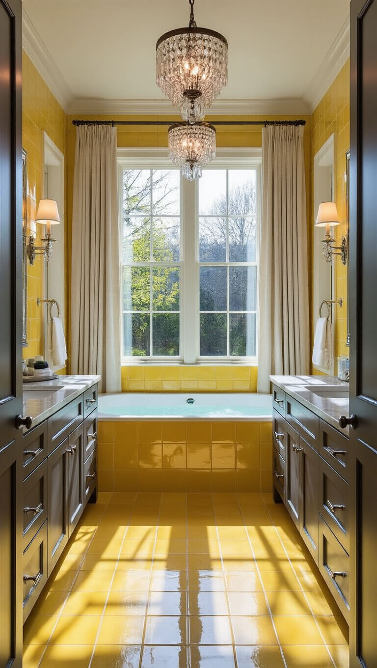 Wide-angle view of a luxurious master bathroom with yellow tile flooring, gray double vanity, marble counters, soaking tub by a large window, crystal chandeliers, and dramatic evening light.