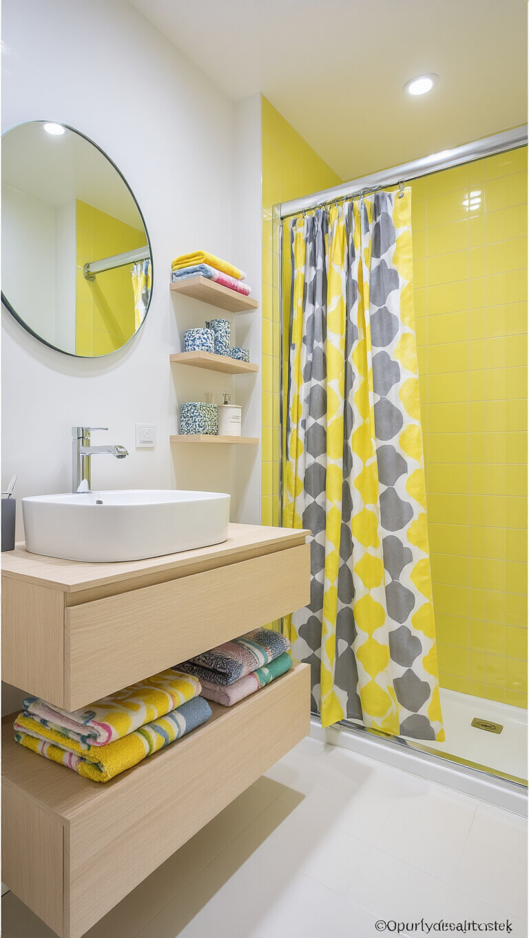 Modern 6x7 ft guest bathroom with yellow tiles, white walls, floating ash wood vanity, vessel sink, round mirror, open shelving, and a glass walk-in shower with geometric yellow and gray curtain.