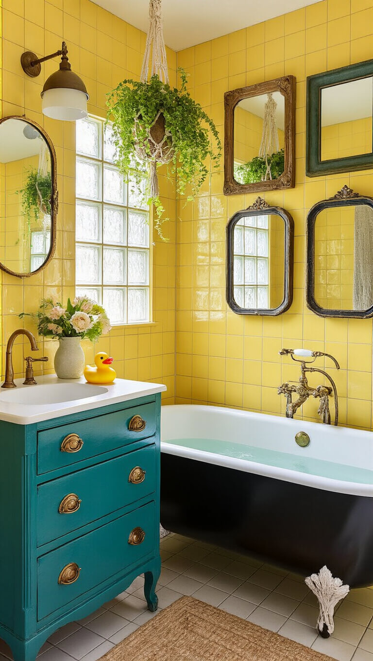 Eclectic 9x8 ft family bathroom with yellow tiles, a deep teal antique vanity, mismatched vintage mirrors, black clawfoot tub, rubber duck collection, and hanging greenery under soft frosted glass light.