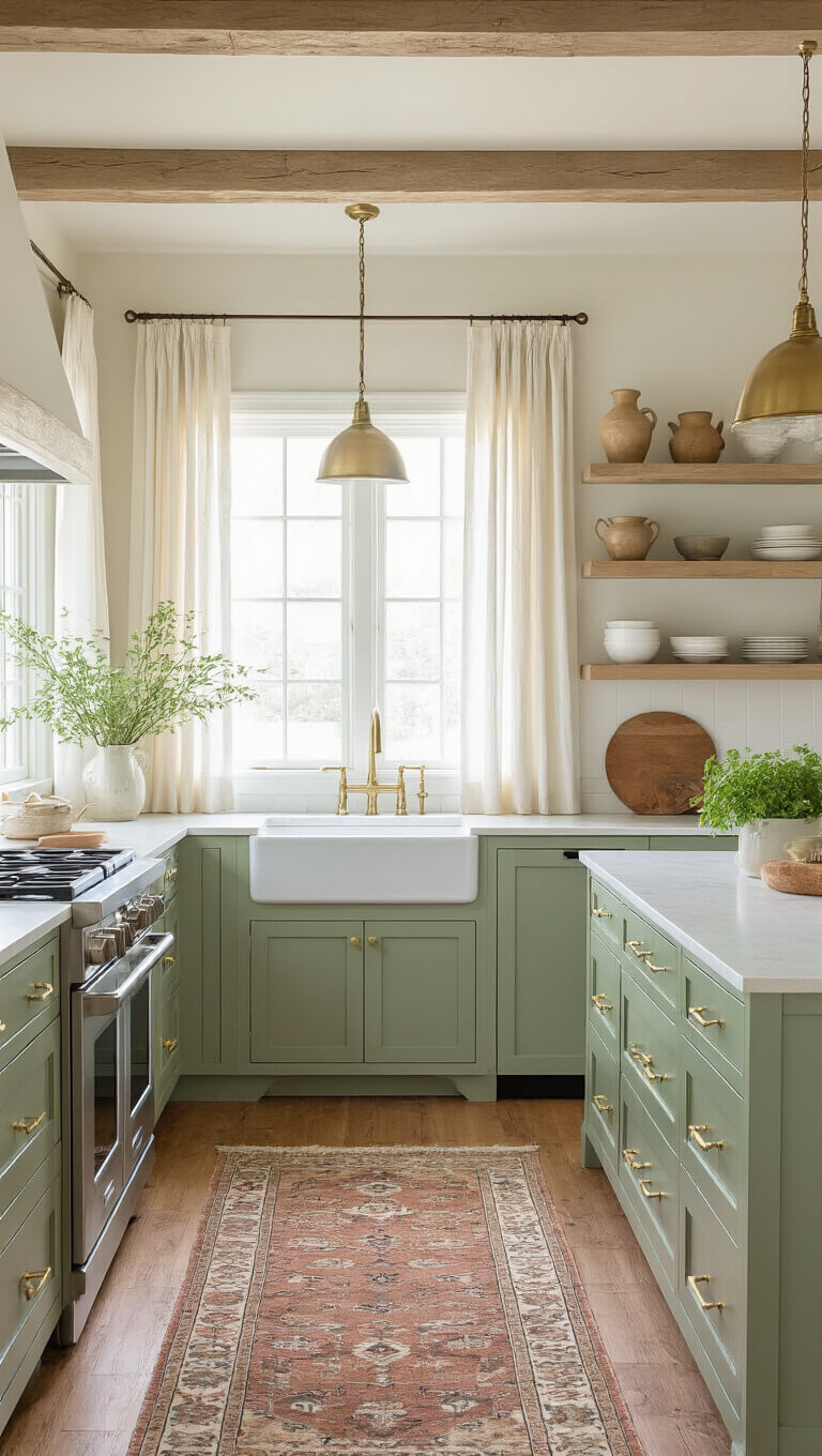 Sage green kitchen with shaker cabinets, large island, farmhouse sink, and vintage rug under soft morning light.