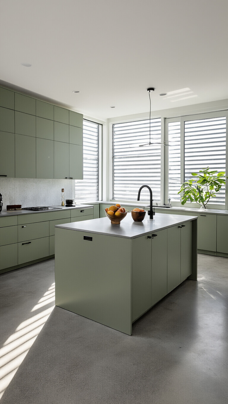 Modern minimalist kitchen with sage green cabinets, central island, matte black accents, glass backsplash, and polished concrete floors, captured in wide-angle from elevated view.