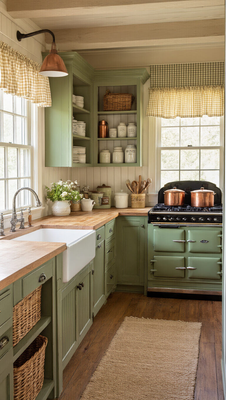 Cozy farmhouse kitchen with sage green cabinets, apron-front sink under gingham-curtained window, vintage enamelware on open shelves, butcher block island, AGA range with copper pots, and warm golden hour lighting.