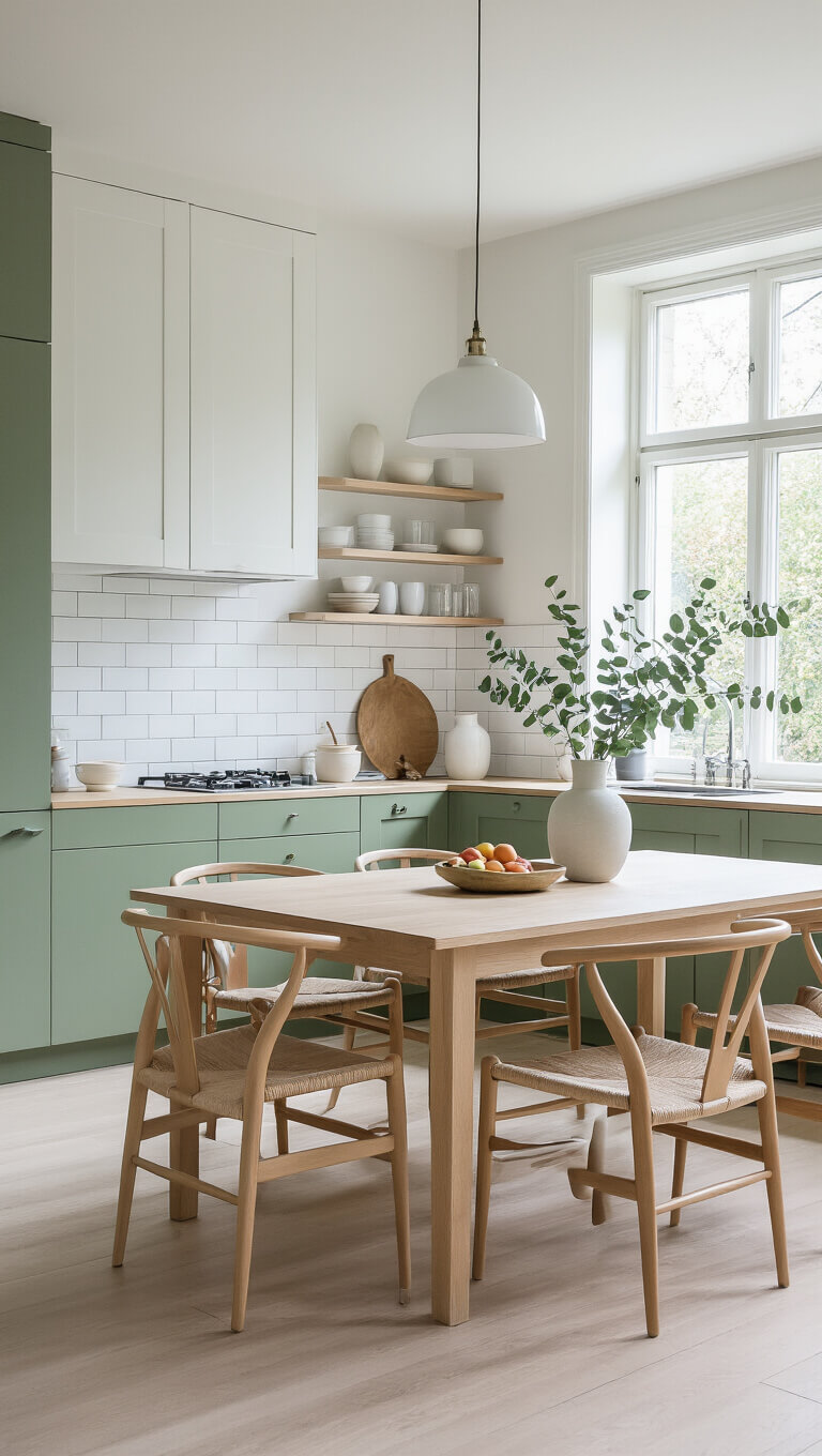 Scandinavian kitchen with sage green and white cabinets, pale wood dining area, wishbone chairs, white subway backsplash, floating shelves, and bright natural light.
