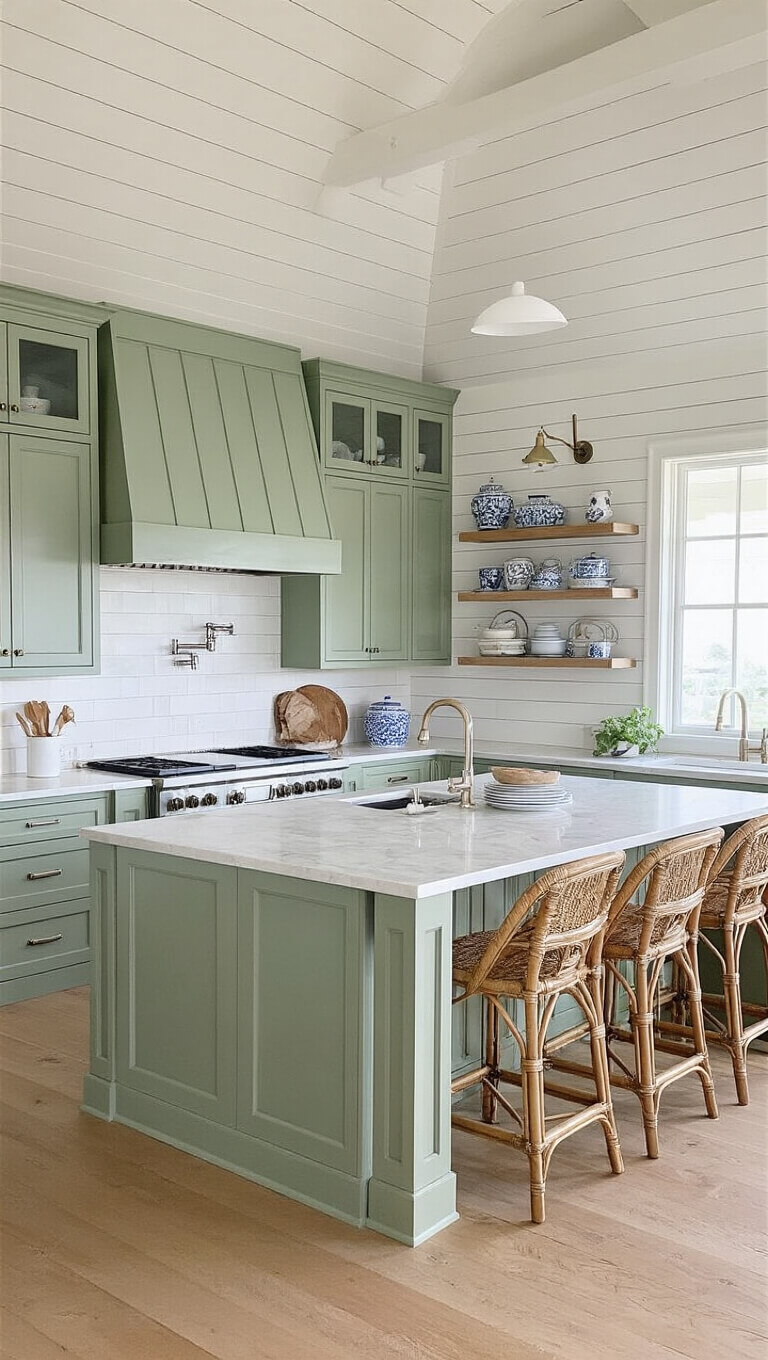 Coastal chic kitchen with sage green cabinets, marble island, rattan stools, and navy blue accents bathed in golden hour light.