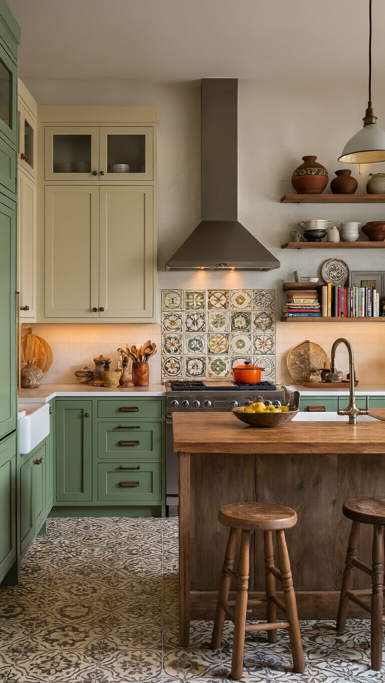 Eclectic kitchen with sage green lower cabinets, cream upper cabinets, patterned tile backsplash, reclaimed wood island, vintage stools, open shelving with pottery, and warm twilight lighting.