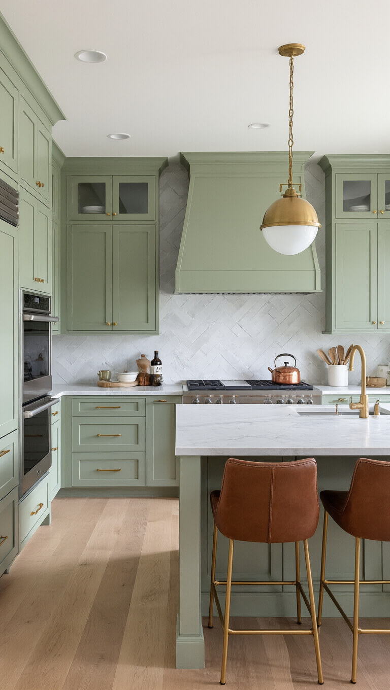 Transitional kitchen with sage green shaker cabinets, quartz countertops, marble herringbone backsplash, waterfall island, leather and brass barstools, built-in appliances, and oak flooring under soft afternoon lighting.