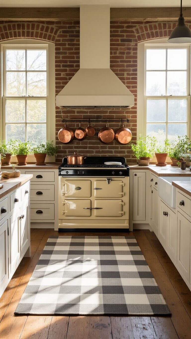 Farmhouse kitchen with vintage cream Aga stove, exposed brick, and a gray-and-white buffalo check mat on distressed wood floors.