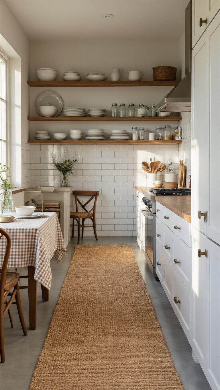 Low-angle view of a cozy galley kitchen with a textured jute runner on concrete floors, white subway tile backsplash, open shelves with vintage dishware, and a small bistro table with a gingham cloth.