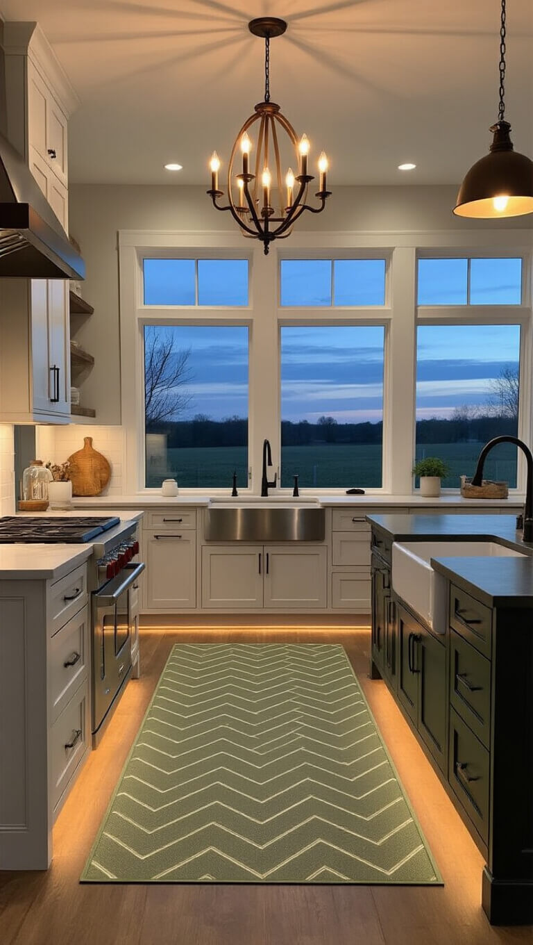 Modern farmhouse kitchen at dusk with warm lighting, sage green anti-fatigue mats in herringbone pattern defining zones around a central island, white cabinets, dark soapstone countertops, and copper and matte black accents.