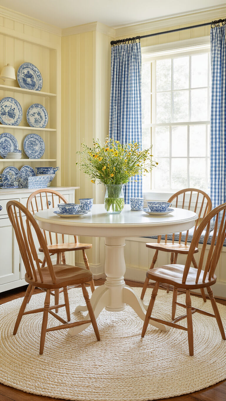Close-up of a sunlit breakfast nook with a round table on a braided rug, surrounded by Windsor chairs and wildflowers, set against pale yellow beadboard and gingham curtains.