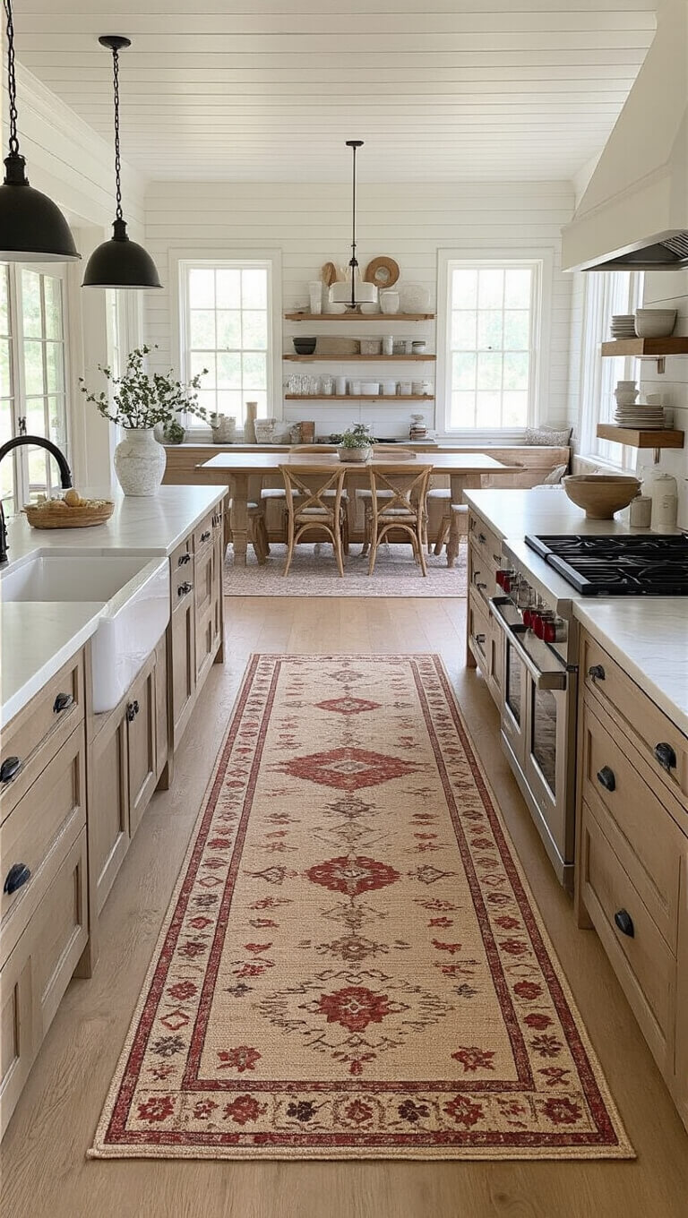 Wide-angle view of a spacious farmhouse-style kitchen and dining area with coordinated patterned mats on white oak floors, marble countertops, and a shiplap ceiling.