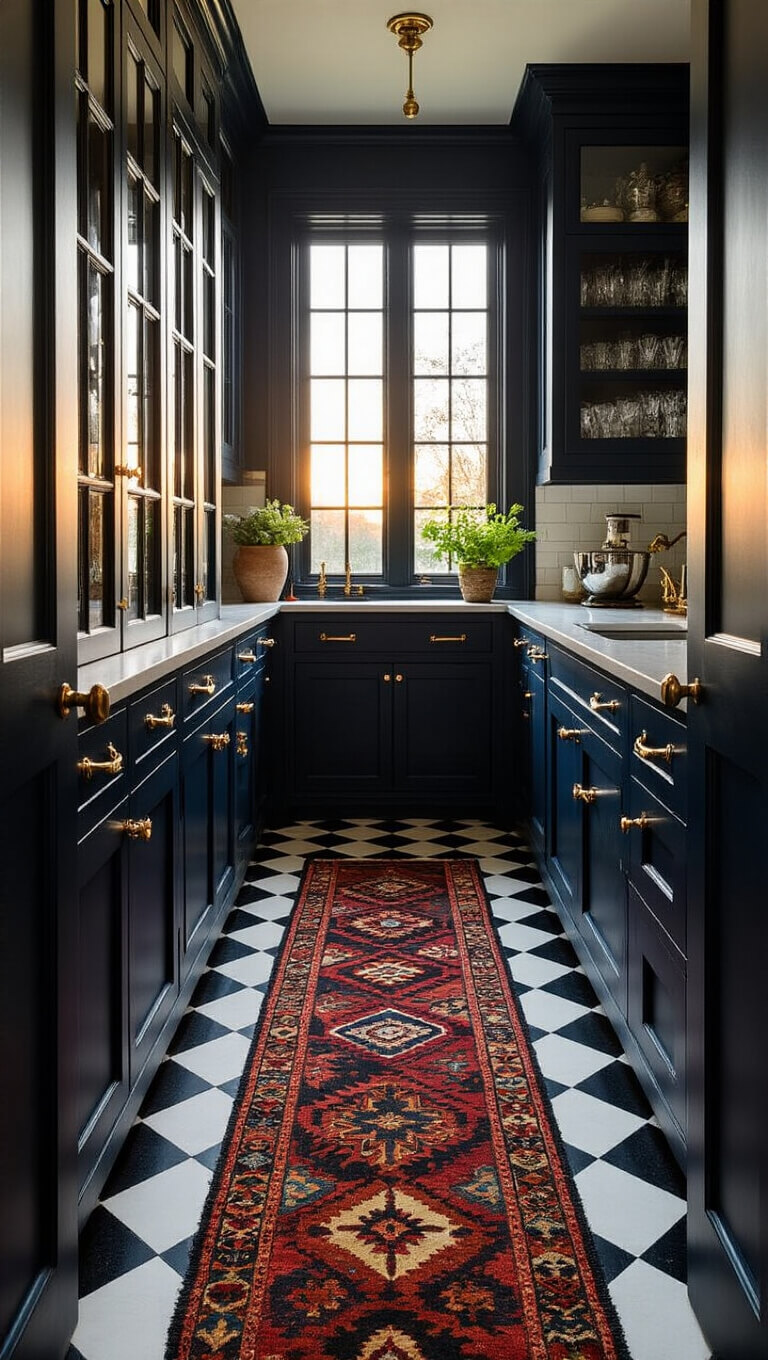 Close-up of a vintage kilim runner on black and white checkered tile in a navy blue butler's pantry with brass hardware and warm golden hour light.