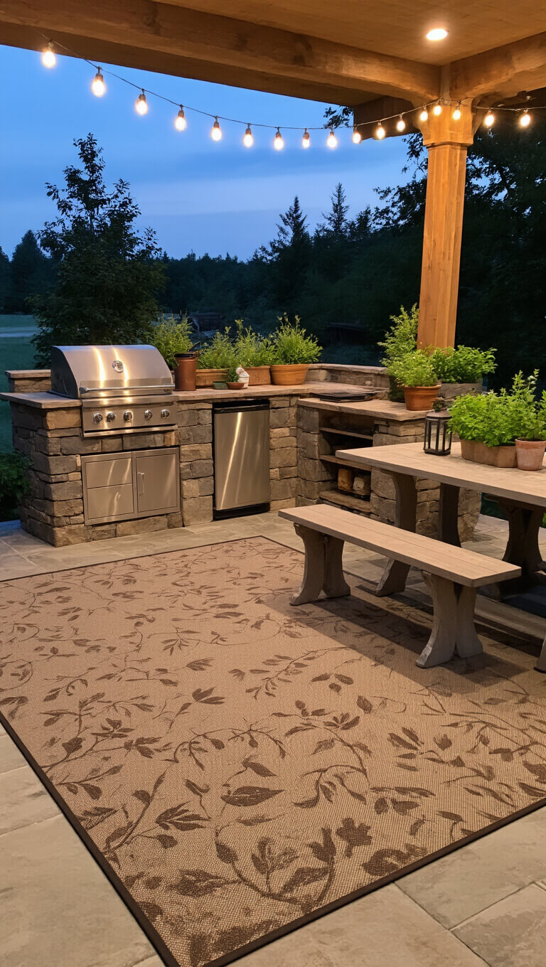 Rustic outdoor kitchen on a covered patio at twilight with stone countertop, built-in grill, earthy-toned mat, string lights, potted herbs, and a nearby farm table with benches for al fresco dining.