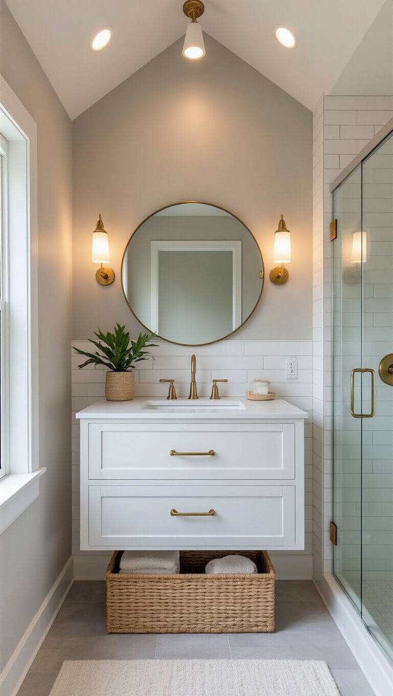 Small, windowless bathroom with vaulted ceiling, warm LED lighting, floating white vanity, large round mirror, glass shower enclosure, pale gray walls, white subway tiles, brass fixtures, and minimal decor.