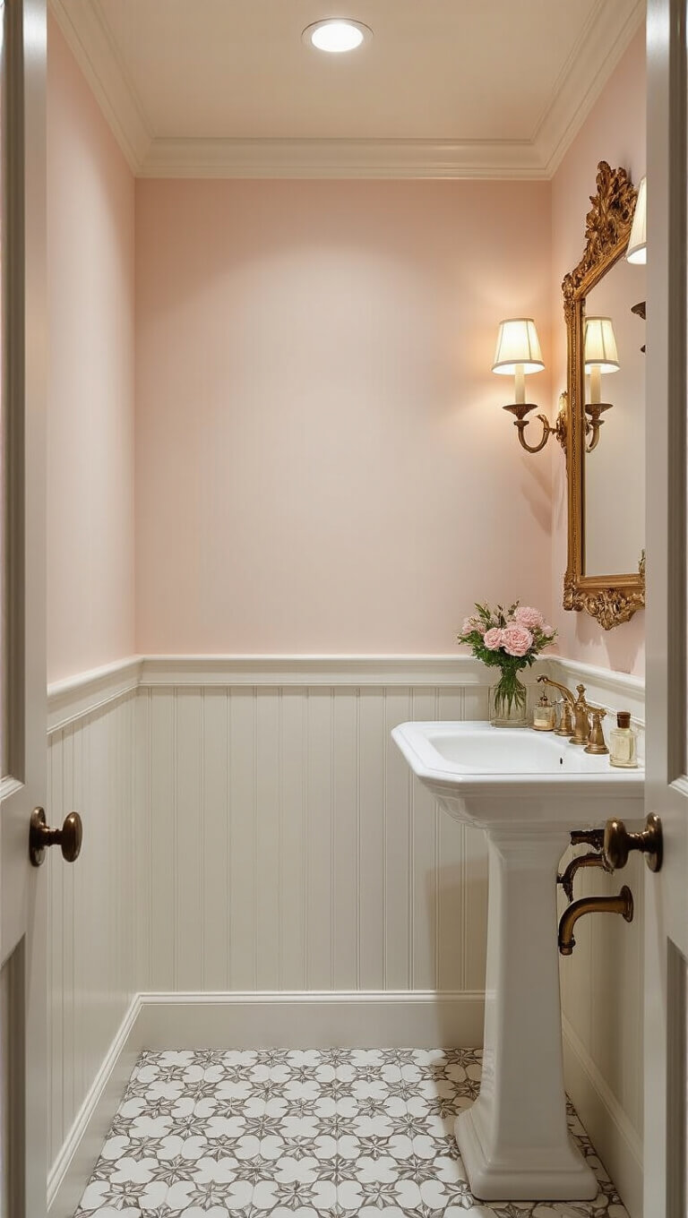 Low-angle view of a compact 5'x5' powder room with blush walls, white beadboard wainscoting, patterned cream and gray floor tiles, slim pedestal sink, ornate gold-framed mirror flanked by vintage brass sconces, and antique décor accents.