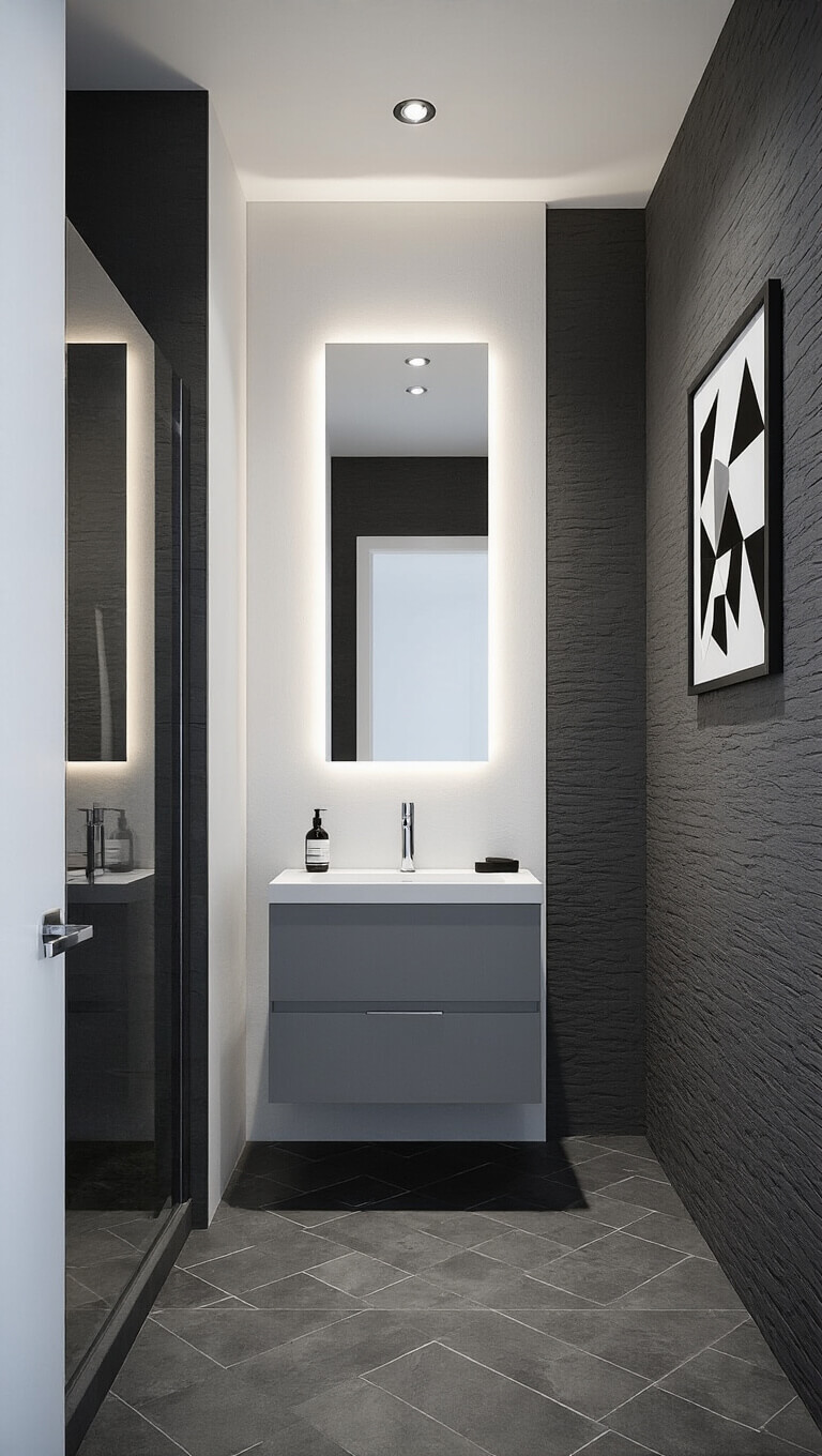 Modern windowless bathroom with gray wall-mounted vanity, backlit mirror, charcoal floor tiles, white textured walls, glass shower door, and moody LED lighting.