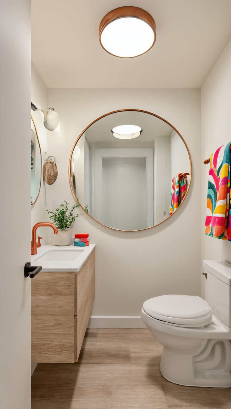 Compact bathroom with floating vanity, wall-hung toilet, large round mirror, copper accents, and vibrant decor reflecting in mirror.