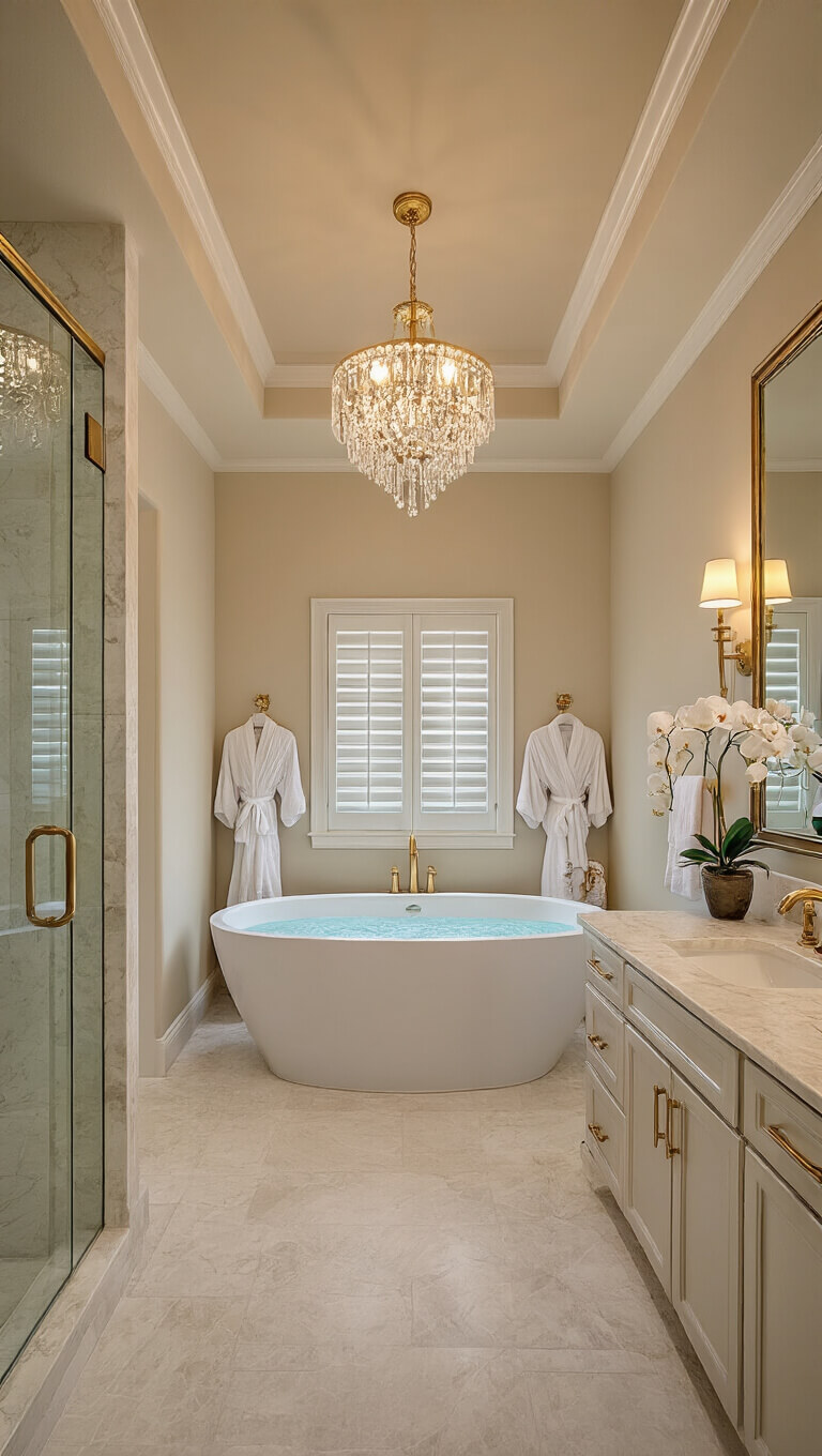Luxurious windowless master bathroom with marble-look porcelain tiles, centered freestanding tub under crystal chandelier, double vanity with large mirror, glass shower enclosure, brushed gold fixtures, and spa-like decor in warm golden hour lighting.