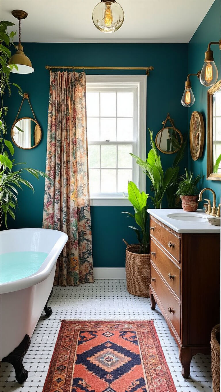 Eclectic small bathroom with clawfoot tub, vintage dresser vanity, mismatched mirrors, deep teal walls, bold shower curtain, white penny tile floor, and global decor accents.