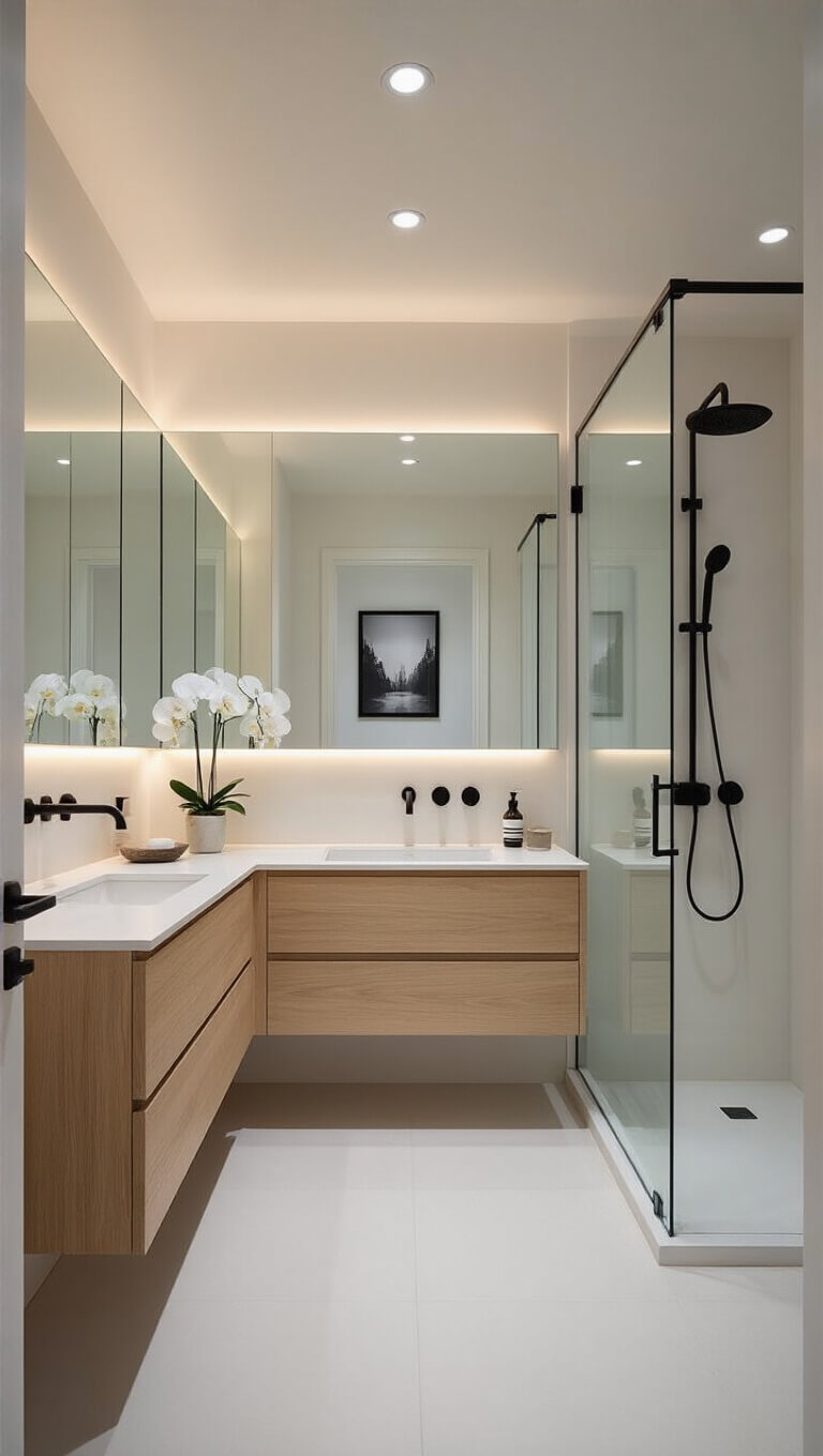 Minimalist Scandinavian-style windowless bathroom with floating oak vanity, full-width mirror, walk-in glass shower, white tiles, matte black fixtures, and LED cove lighting.
