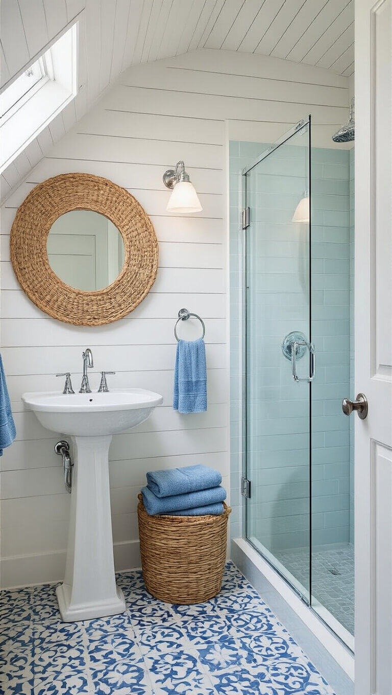 Coastal-themed small bathroom with shiplap walls, blue patterned tiles, pedestal sink, rattan mirror, and glass shower stall under skylight-style lighting.