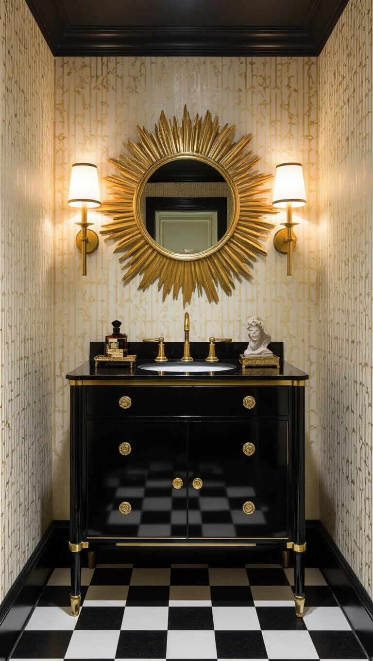 Art Deco powder room with black lacquered vanity, gilded sunburst mirror, cream and gold geometric wallpaper, checkered floor, brass accents, and dramatic low-angle lighting.
