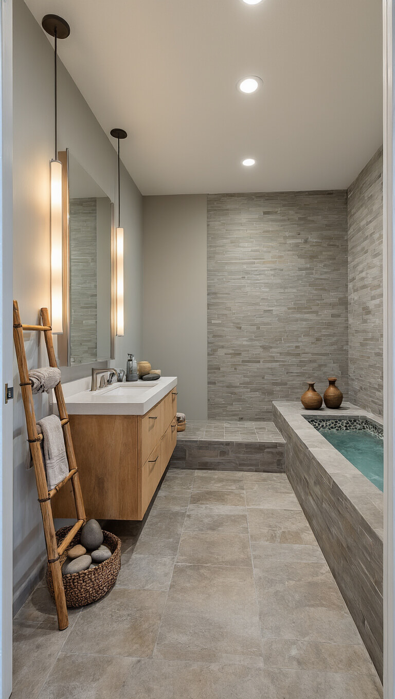Zen-style windowless bathroom with floating wood vanity, stone soaking tub, pebble tile accents, and warm gray tones in soft dawn LED lighting.